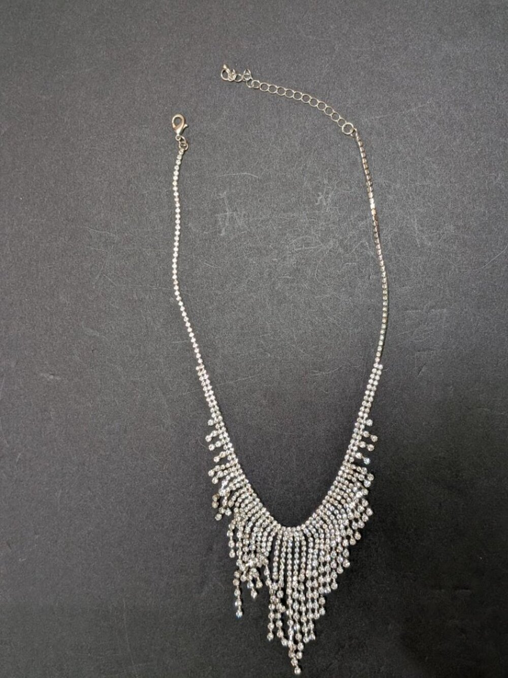 Rhinestone Waterfall Fringe Statement Necklace Silver Tone